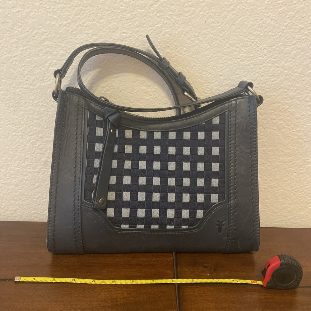 FRYE MELISSA NAVY LEATHER & DENIM ZIP CROSSBODY HANDBAG